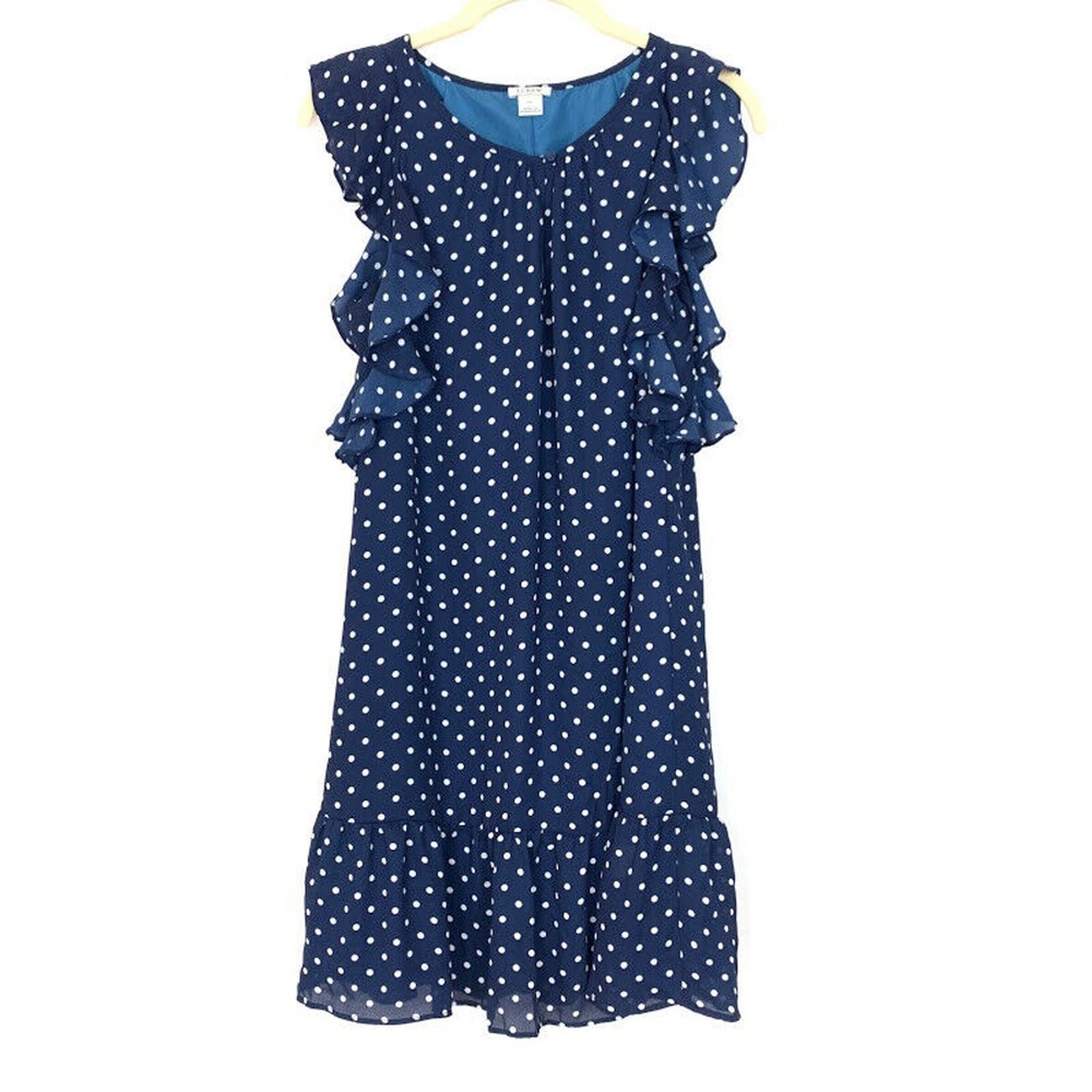 J Crew Size XS Printed Polka Dot Flutter Sleeve Dress Navy‎ Blue Ruffle J0841